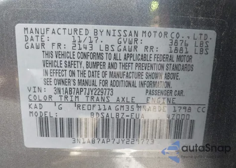 2018 Nissan Sentra S from USA, damaged, VIN 3N1AB7AP7JY229773